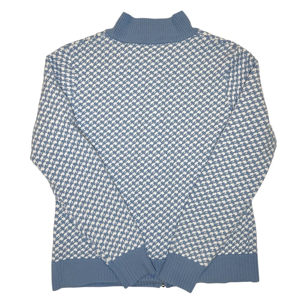 ST.JOHN Houndstooth Zip-up Wool Blended Cardigan Knit - Light Blue SMALL - Picture 2 of 7